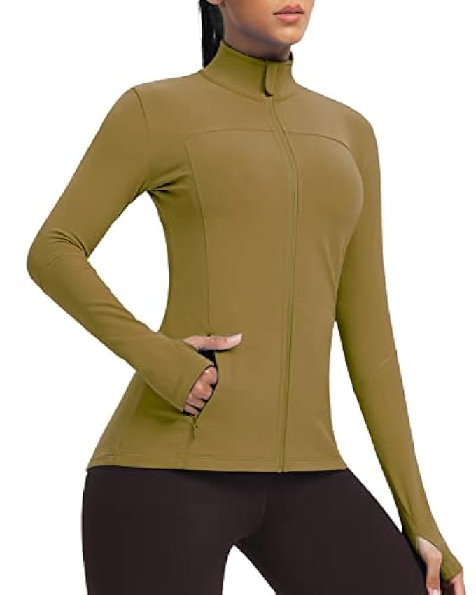 QUEENIEKE Chaqueta deportiva para mujer, cuello alto, ajuste delgado, con cremallera completa, Cepillado sobre verde oliva, M D2z9s2oi